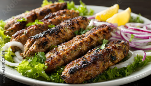 Savory grilled chicken seekh kebabs on a white plate with fresh lettuce, onions, and lemon