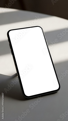Modern Smartphone Mockup with Blank White Screen on Minimal Desk Workspace in Soft Natural Light