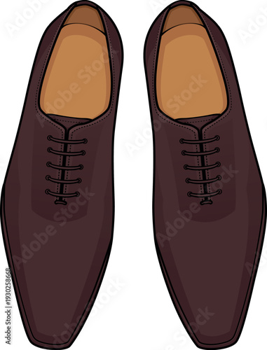 Colored vector illustration of a pair of brown formal oxford dress shoes with laces from a top view. Perfect for flat lay UI design, retail catalogs, and smart casual menswear mockups.