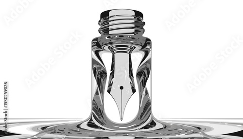 A detailed vector illustration of a fountain pen nib in a glass of water, creating ripples, viewed from a three-quarter perspective.