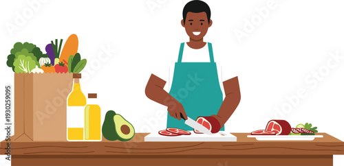 Man Preparing Fresh Meat with Vegetables and Groceries Cooking at Home Kitchen Illustration