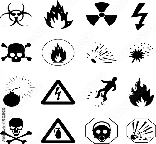 Set of 16 danger and warning icons vector