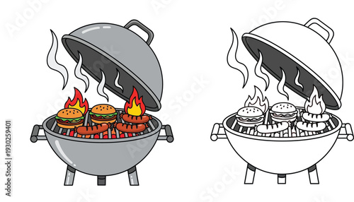 Barbecue Grill Vector Illustration. Full color and black and white line art coloring page with fire, smoke, burgers, and sausages for summer picnic or outdoor cooking design.