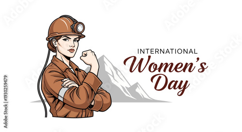 A female miner wearing a helmet and orange jacket flexes her arm in front of a mountain range on International Women's Day.