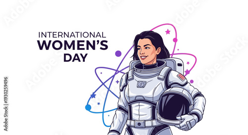 A female astronaut in a spacesuit celebrates International Women's Day with a symbol of empowerment and equality in a colorful illustration.