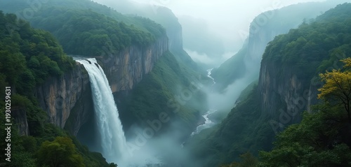 Misty waterfall cascades down green mountain gorge. River flows through misty canyon. Tall cliffs covered with trees, lush vegetation. Peaceful wilderness landscape, serene nature scene.