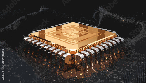 A masterfully crafted minimalistic vector composition of a microchip on a dark background from a top viewpoint