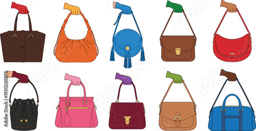 Women Handbags Collection with Fashion Shoulder Bags Tote Purse and Leather Accessories Illustration