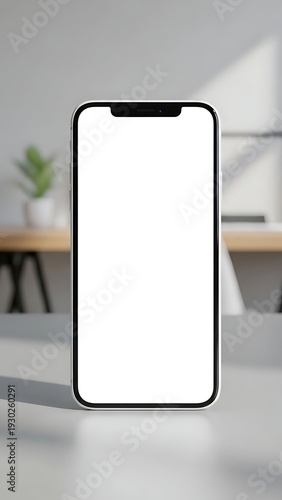 Modern Smartphone Mockup with Blank White Screen on Minimal Desk Workspace in Soft Natural Light