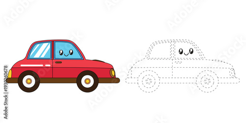 Cute cartoon car with dotted line vector illustration