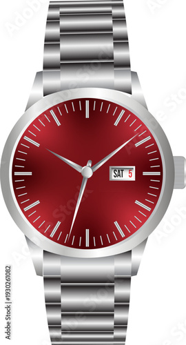 Classic men's wristwatch with silver stainless steel bracelet and ruby red sunray dial, analog watch with day and date display illustration