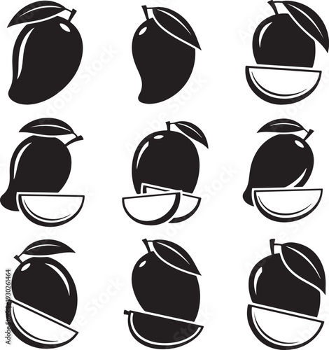 Black and White Mango Illustrations with Leaves