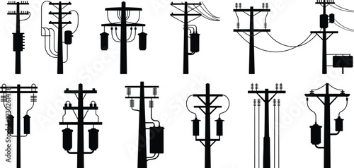 Collection of Electric Utility Pole Silhouettes Featuring Various High Voltage Transformers and Power Line Configurations for Industrial Infrastructure Design and Electrical Grid Vector Illustrations