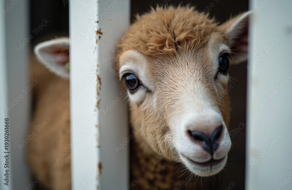 Fototapeta premium Close up farm animal face peeking through fence slats. Young sheep with fluffy brown wool looks curiously at camera. Gentle curious mammal, domestic livestock portrait.
