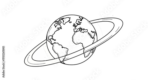 Stylized Earth with Saturn-like Ring, Outline Drawing, Space Exploration Concept