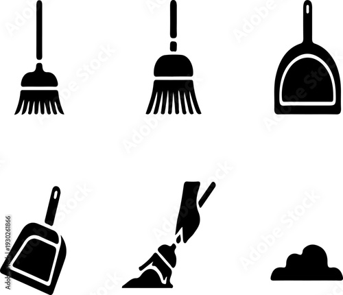 Set of 6 cleaning broom and dustpan icons vector