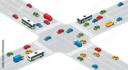 Busy Crossroads with Various Vehicles.