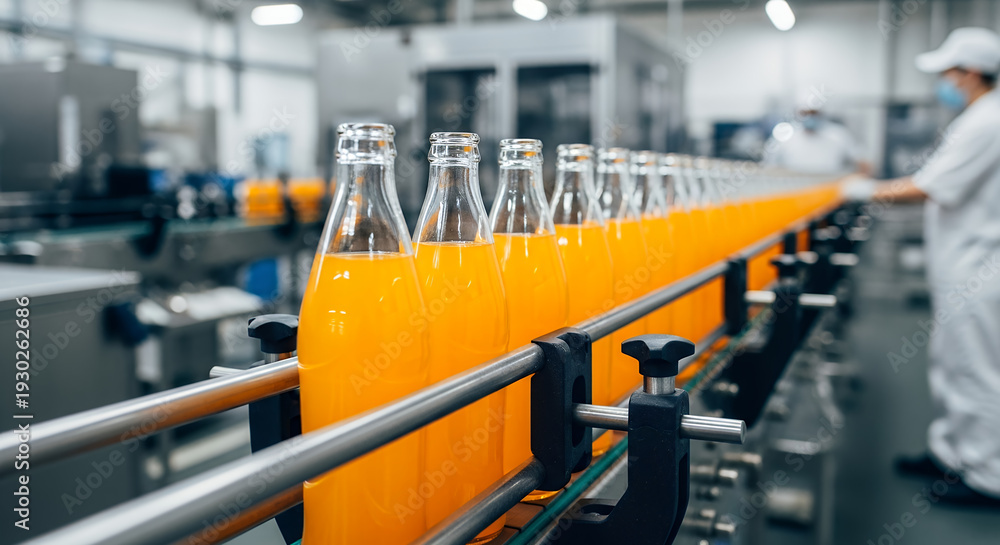 Fototapeta premium Soft Drink Juice Beverage Bottling Factory – Orange Drink Manufacturing and Packaging Production Line