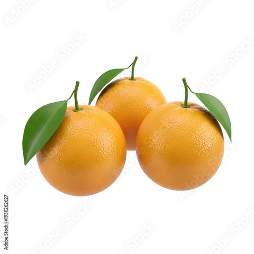 Three fresh ripe oranges with green leaves isolated on transparent background