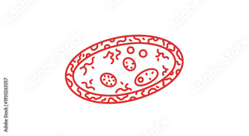 Red Outline of a Single Oval Cell with Internal Structures and Microbes