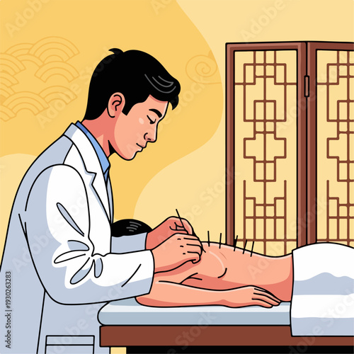 Vector illustration of a healer treating acupuncture points