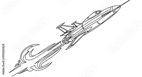 Retro Rocket Ship Blasting Off with Fiery Exhaust Trail