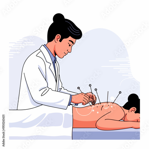 Vector illustration of a healer treating acupuncture points