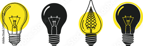 Light Bulb Icon Set with Yellow and Black Lamp Symbols for Idea, Innovation, Creativity, and Energy Concept Design