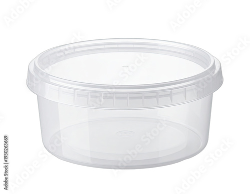Clear plastic food storage container with lid isolated on black background