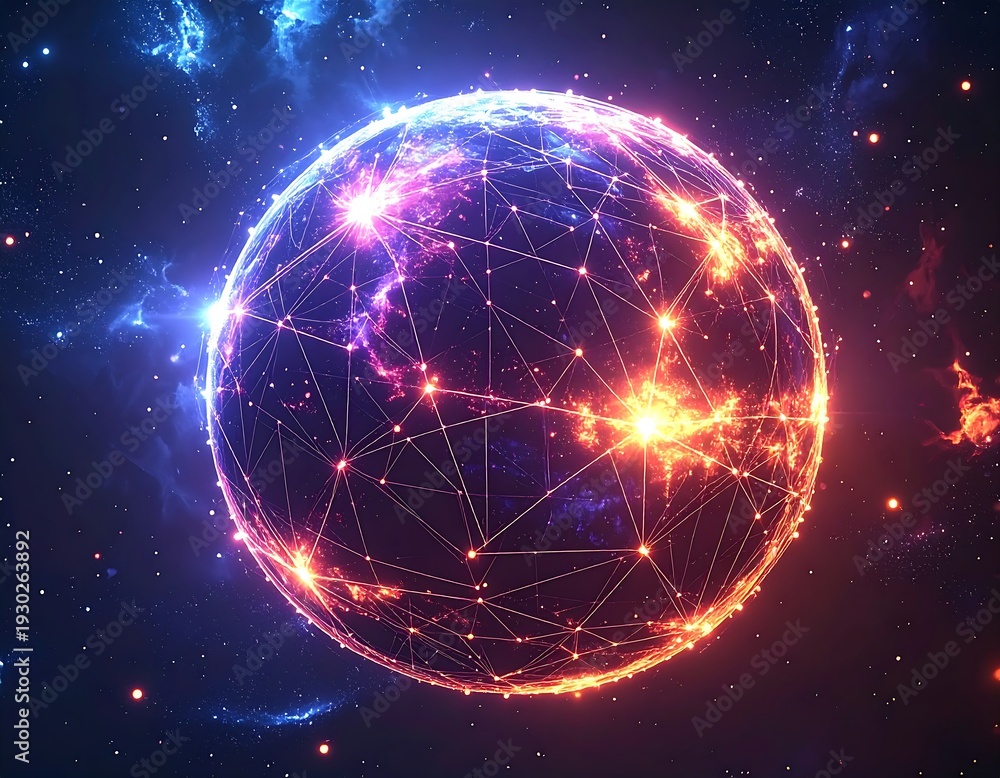 Obraz premium A vibrant, glowing sphere with a network of lines and nodes set against a starry, cosmic background