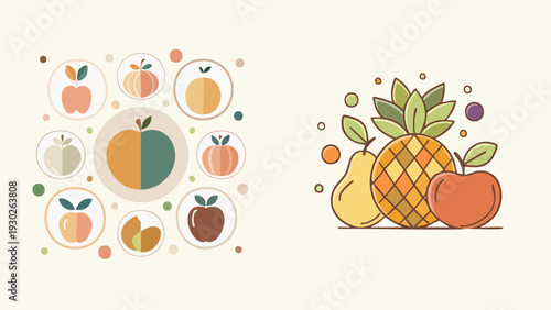 Modern Flat Design Vector Fruit Graphics and Icon Set Featuring Apples, Pears, and Pineapple for Healthy Eating and Fresh Food Concepts