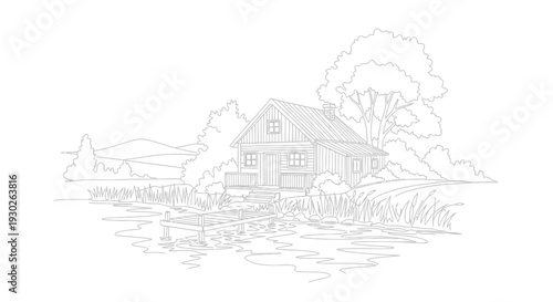 Rustic Cabin by Lake with Dock and Trees - Outline Drawing