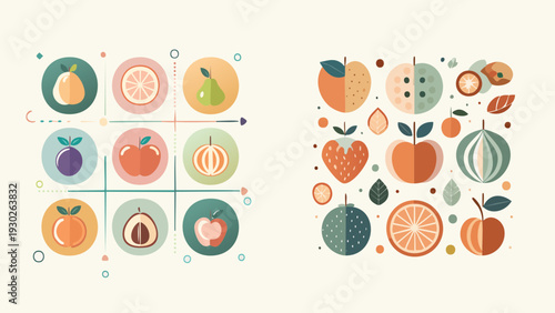 Vibrant Collection of Minimalist Geometric Fruit Illustrations in Pastel Tones, Featuring Clean Vector Graphics for Healthy Lifestyle and Food-Related Design Projects