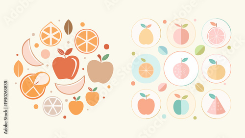 Assortment of modern flat design fruit graphics in gentle pastel colors, ideal for promoting health, nutrition, and natural freshness across various creative projects