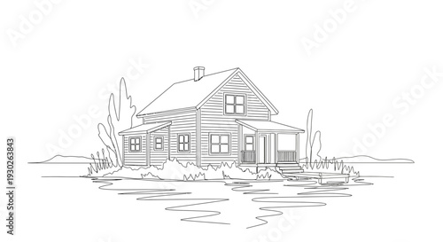 Rustic Farmhouse Sketch: Vintage Country Home with Porch and Trees