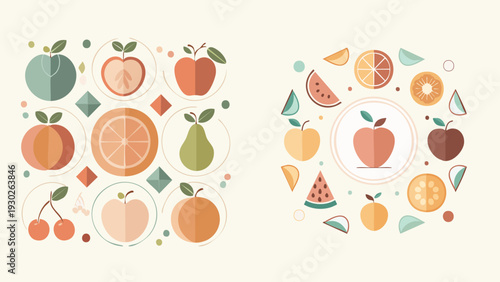 A charming and colorful flat design illustration of various fruits arranged in geometric patterns on a light background