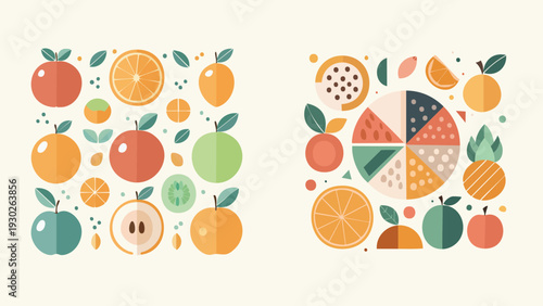 Modern flat design fruit illustrations featuring a vibrant collection of apples, oranges, and various produce in decorative patterns and geometric arrangements