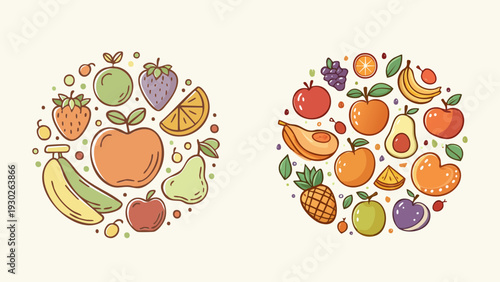 Whimsical graphic illustrations featuring various fresh fruits in appealing circular compositions, ideal for health and nutrition themes