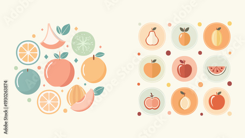 Charming flat design fruit illustrations in pastel colors, showcasing a healthy assortment of fresh produce and various fruit icons for a vibrant look