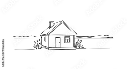 Minimalist Line Drawing of a Small House in a Field