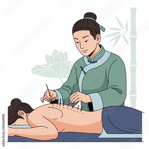 Vector illustration of a healer treating acupuncture points