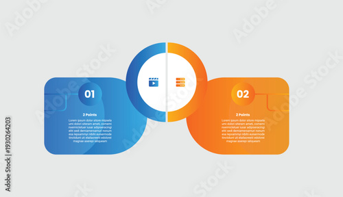 2 points comparison versus infographic with gradient style with round box with circle center connected with 2 elements stages