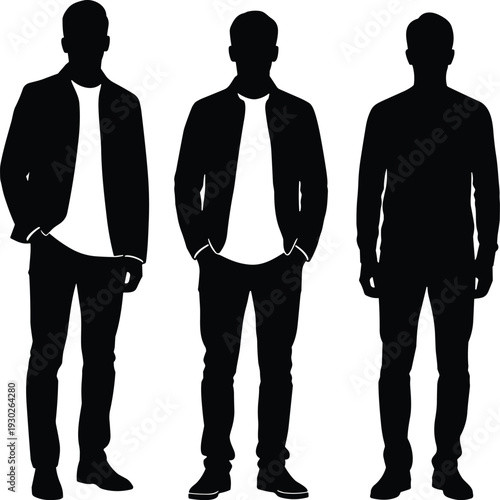 Casual Men Silhouettes Standing in Modern Outfits Isolated on White Background, Male Fashion and Urban Style Concept
