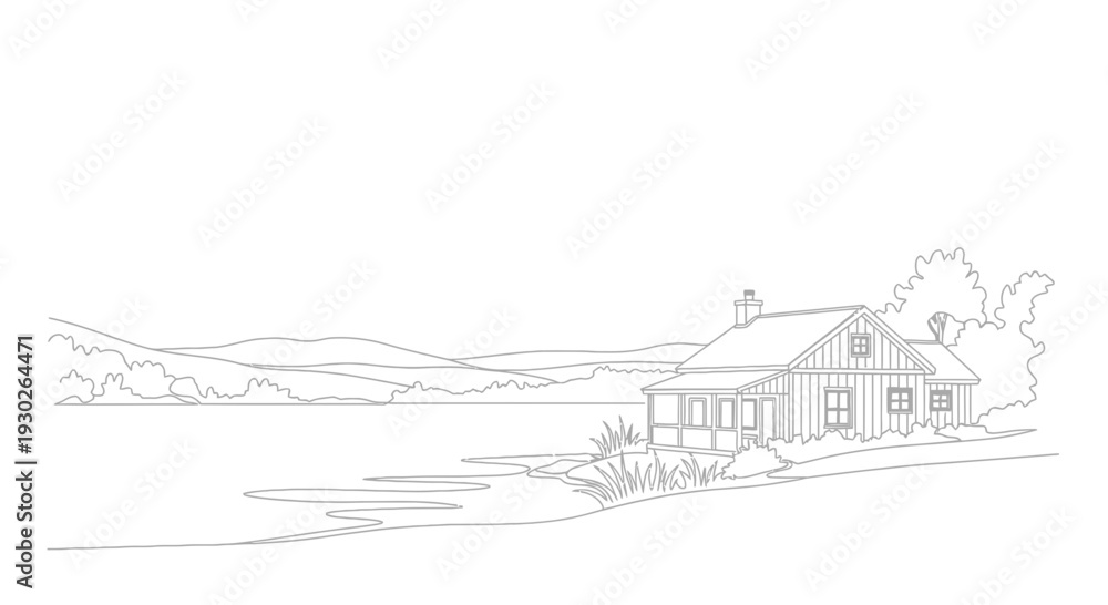Fototapeta premium Log Cabin by Lake: Rustic House, Nature Landscape, Peaceful Retreat, Outline Drawing