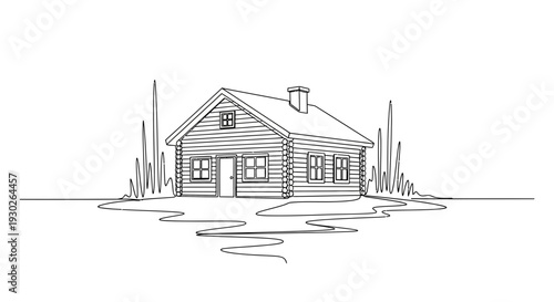 Log Cabin Drawing, Rustic House, Nature, Simple Line Art, Isolated