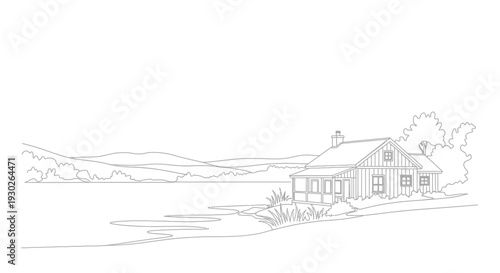 Log Cabin by Lake: Rustic House, Nature Landscape, Peaceful Retreat, Outline Drawing