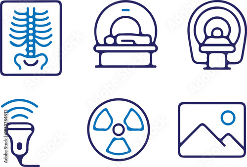 medical imaging MRI scanner technology bule line icon set vector illustration design art