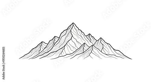Majestic Mountain Range Peaks, Hand-Drawn Line Art, Black and White, Minimalist Landscape Illustration