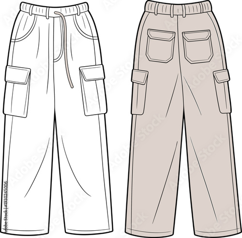 Flat vector CAD drawing of women’s wide-leg cargo pants with drawstring waist, flap pockets, back patch pockets, technical fashion sketch