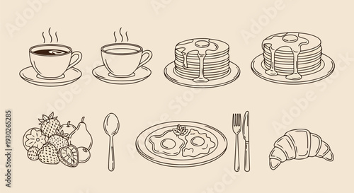 Minimalist linear breakfast flatlay with cutlery vector